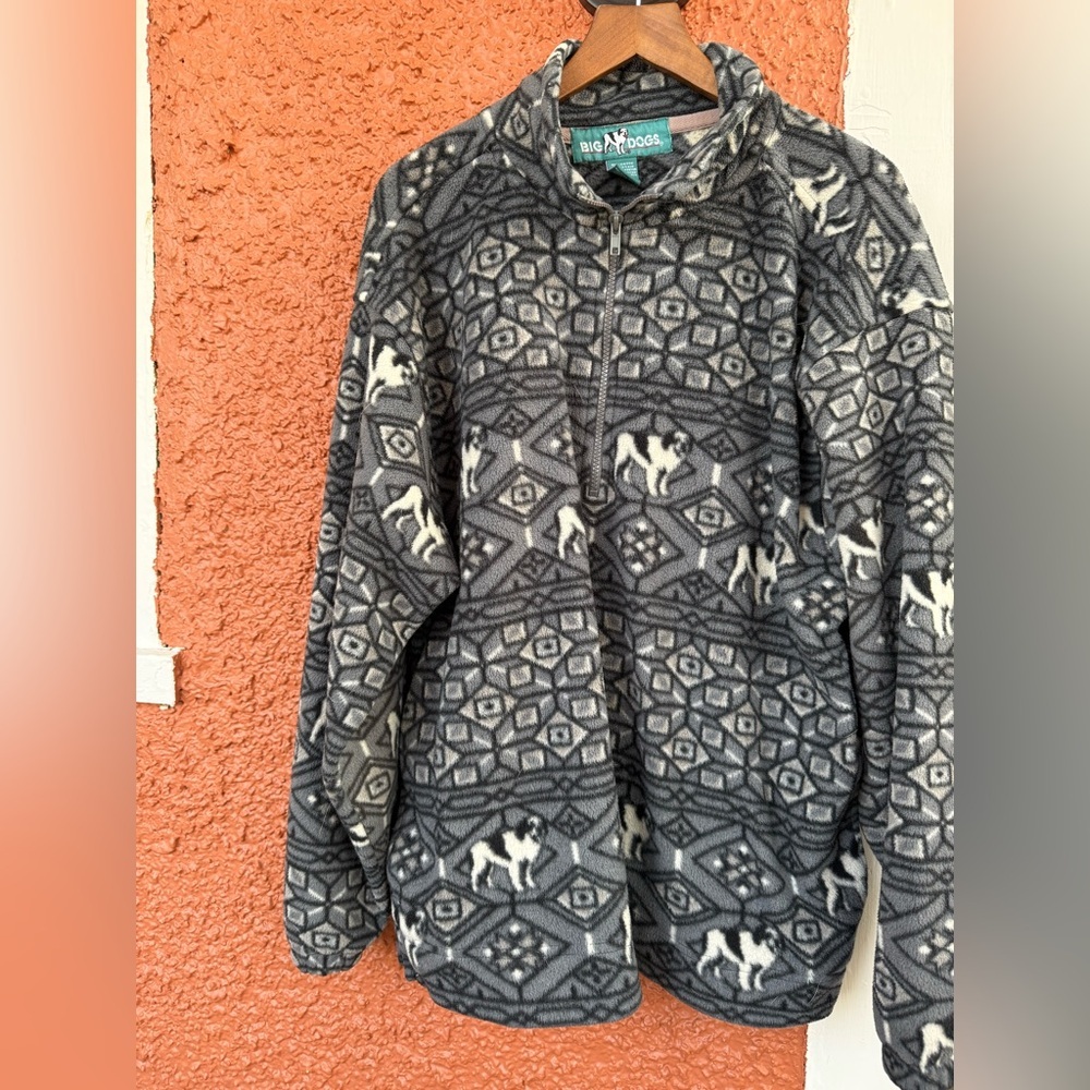 Big Dogs Unisex Dog Fair Isle Print 1/4 Fleece Zip Up Size Small Grey